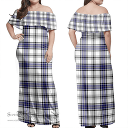 Scottish Hannay Modern Clan Tartan Off Shoulder Long Dress - Classic Scottish Plaid Tartan Plaid