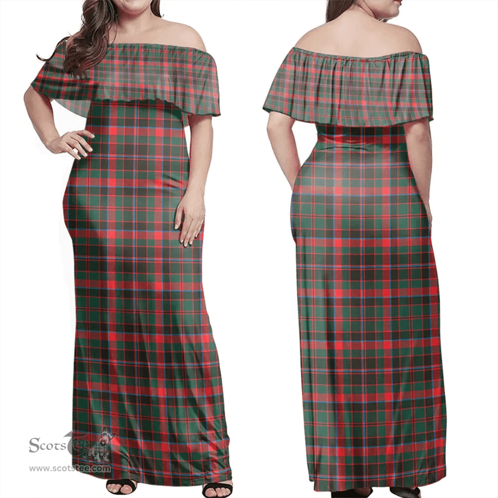 Scottish Cumming Hunting Modern Clan Tartan Off Shoulder Long Dress - Classic Scottish Plaid Tartan Plaid