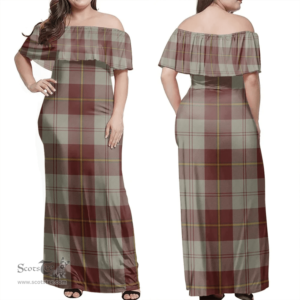 Scottish Cunningham Burgundy Dancers Clan Tartan Off Shoulder Long Dress - Classic Scottish Plaid Tartan Plaid