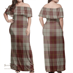 Scottish Cunningham Burgundy Dancers Clan Tartan Off Shoulder Long Dress - Classic Scottish Plaid Tartan Plaid