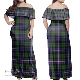 Scottish Galbraith Modern Clan Tartan Off Shoulder Long Dress - Classic Scottish Plaid Tartan Plaid