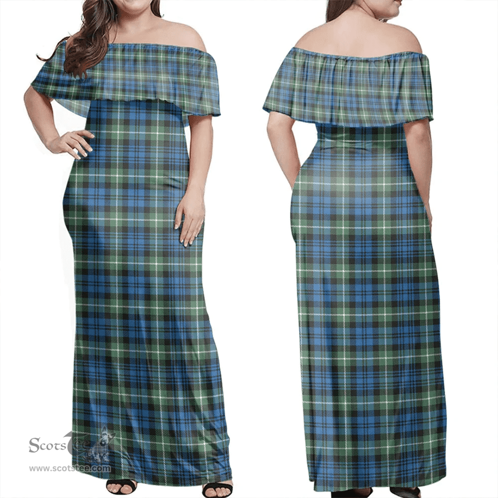 Scottish Lamont Ancient Clan Tartan Off Shoulder Long Dress - Classic Scottish Plaid Tartan Plaid