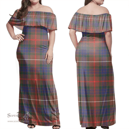 Scottish Fraser Hunting Modern Clan Tartan Off Shoulder Long Dress - Classic Scottish Plaid Tartan Plaid
