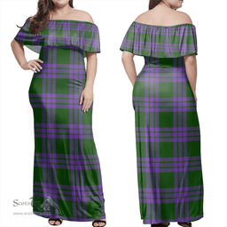 Scottish Elphinstone Clan Tartan Off Shoulder Long Dress - Classic Scottish Plaid Tartan Plaid