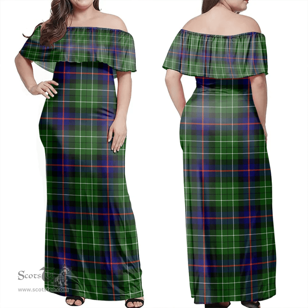 Scottish Leslie Hunting Ancient Clan Tartan Off Shoulder Long Dress - Classic Scottish Plaid Tartan Plaid