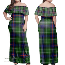 Scottish Leslie Hunting Ancient Clan Tartan Off Shoulder Long Dress - Classic Scottish Plaid Tartan Plaid