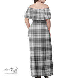 Scottish Douglas Grey Modern Clan Tartan Off Shoulder Long Dress - Classic Scottish Plaid Tartan Plaid