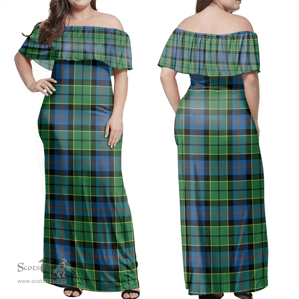 Scottish Forsyth Ancient Clan Tartan Off Shoulder Long Dress - Classic Scottish Plaid Tartan Plaid
