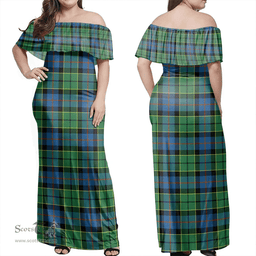 Scottish Forsyth Ancient Clan Tartan Off Shoulder Long Dress - Classic Scottish Plaid Tartan Plaid