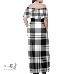 Scottish MacFarlane Black & White Ancient Clan Tartan Off Shoulder Long Dress - Classic Scottish Plaid Tartan Plaid