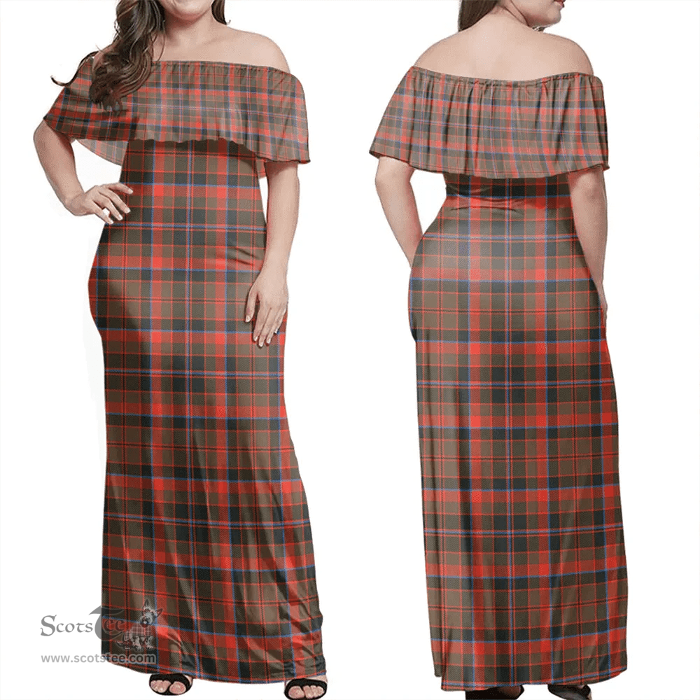 Scottish Cumming Hunting Weathered Clan Tartan Off Shoulder Long Dress - Classic Scottish Plaid Tartan Plaid