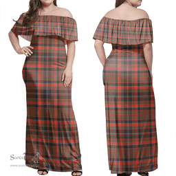 Scottish Cumming Hunting Weathered Clan Tartan Off Shoulder Long Dress - Classic Scottish Plaid Tartan Plaid