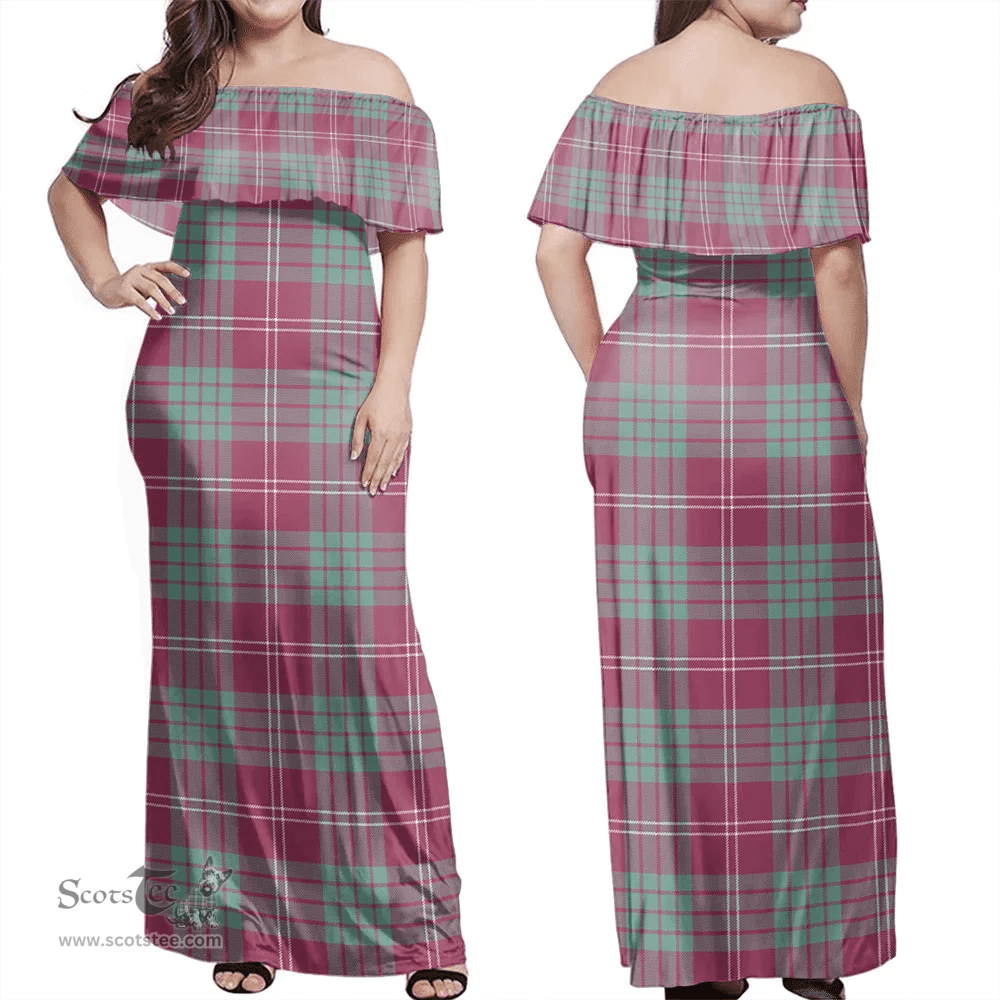 Scottish Crawford Ancient Clan Tartan Off Shoulder Long Dress - Classic Scottish Plaid Tartan Plaid