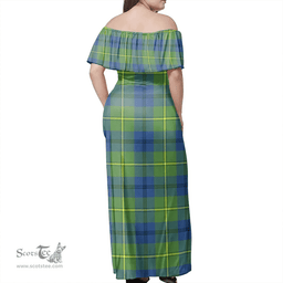 Scottish Johnston Ancient Clan Tartan Off Shoulder Long Dress - Classic Scottish Plaid Tartan Plaid