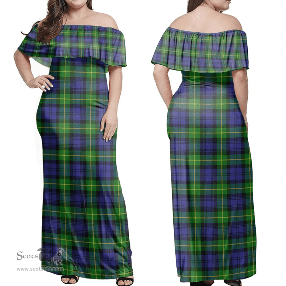 Scottish Gordon Modern Clan Tartan Off Shoulder Long Dress - Classic Scottish Plaid Tartan Plaid