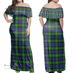 Scottish Gordon Modern Clan Tartan Off Shoulder Long Dress - Classic Scottish Plaid Tartan Plaid