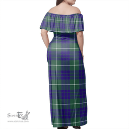 Scottish Hamilton Hunting Modern Clan Tartan Off Shoulder Long Dress - Classic Scottish Plaid Tartan Plaid