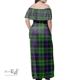 Scottish Leslie Hunting Ancient Clan Tartan Off Shoulder Long Dress - Classic Scottish Plaid Tartan Plaid