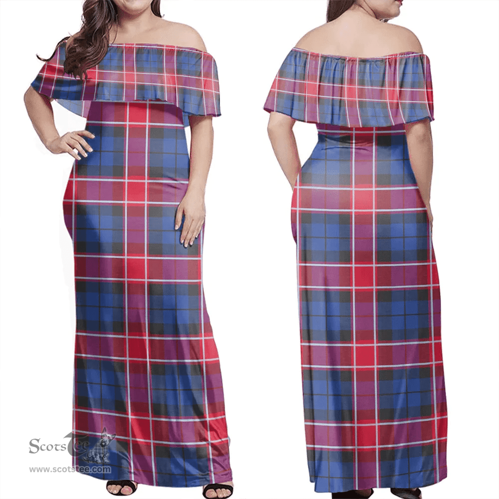 Scottish Graham Of Menteith Red Clan Tartan Off Shoulder Long Dress - Classic Scottish Plaid Tartan Plaid