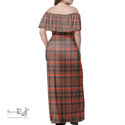 Scottish Cumming Hunting Weathered Clan Tartan Off Shoulder Long Dress - Classic Scottish Plaid Tartan Plaid
