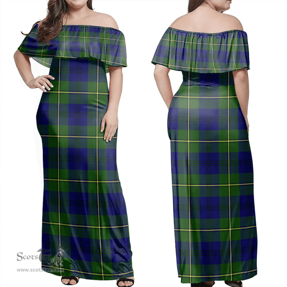 Scottish Johnston Modern Clan Tartan Off Shoulder Long Dress - Classic Scottish Plaid Tartan Plaid