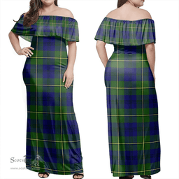 Scottish Johnston Modern Clan Tartan Off Shoulder Long Dress - Classic Scottish Plaid Tartan Plaid