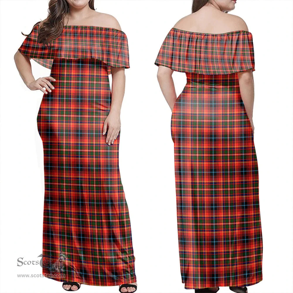 Scottish Innes Modern Clan Tartan Off Shoulder Long Dress - Classic Scottish Plaid Tartan Plaid