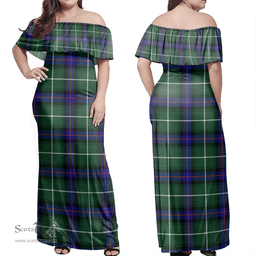 Scottish MacDonald Of The Isles Hunting Modern Clan Tartan Off Shoulder Long Dress - Classic Scottish Plaid Tartan Plaid