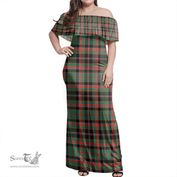 Scottish Cumming Hunting Ancient Clan Tartan Off Shoulder Long Dress - Classic Scottish Plaid Tartan Plaid