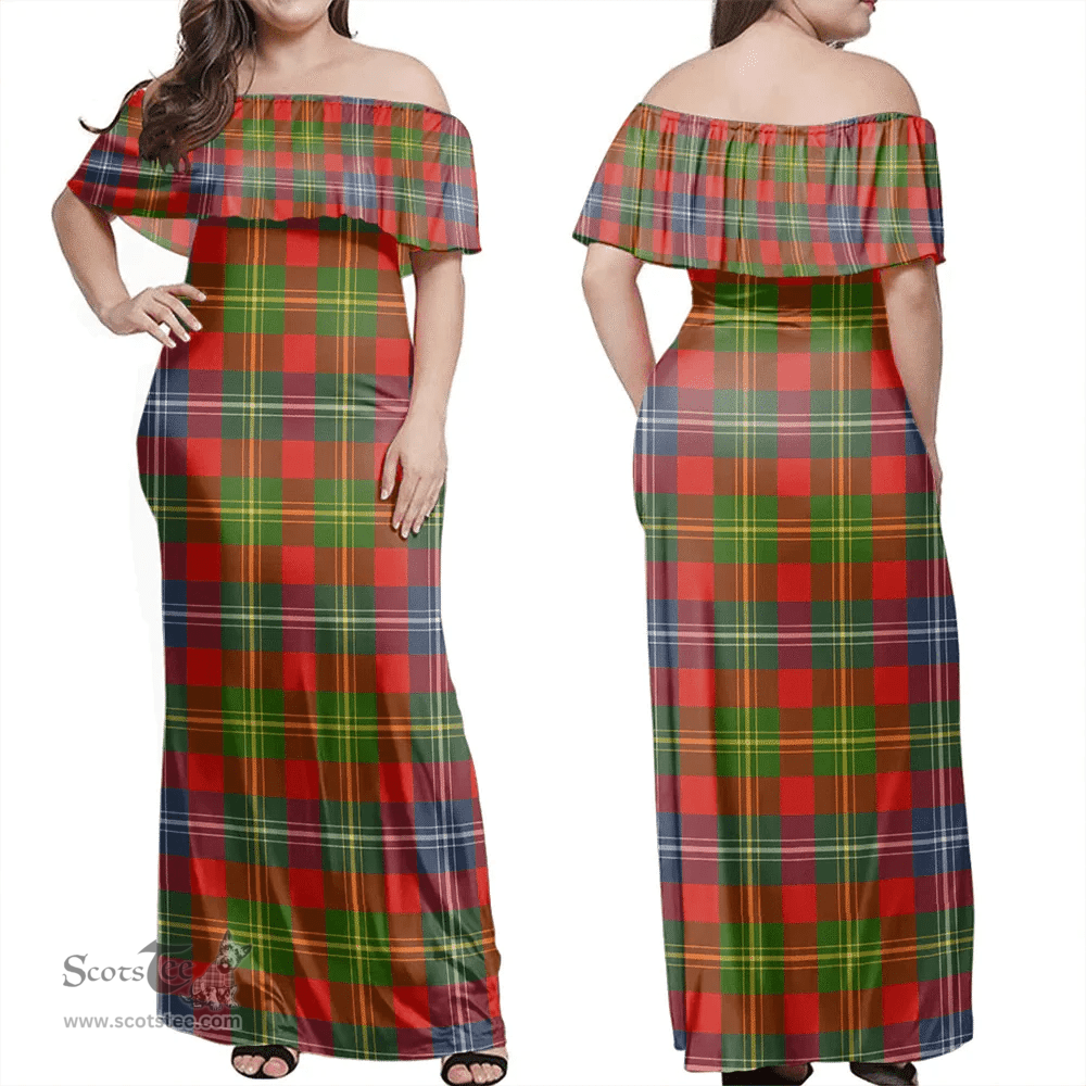 Scottish Forrester Clan Tartan Off Shoulder Long Dress - Classic Scottish Plaid Tartan Plaid