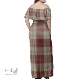 Scottish Cunningham Burgundy Dancers Clan Tartan Off Shoulder Long Dress - Classic Scottish Plaid Tartan Plaid