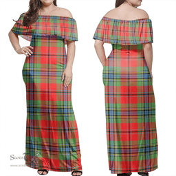 Scottish MacLean Of Duart Modern Clan Tartan Off Shoulder Long Dress - Classic Scottish Plaid Tartan Plaid