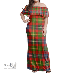 Scottish Forrester Clan Tartan Off Shoulder Long Dress - Classic Scottish Plaid Tartan Plaid