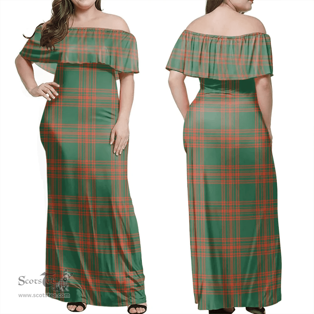 Scottish Menzies Green Ancient Clan Tartan Off Shoulder Long Dress - Classic Scottish Plaid Tartan Plaid
