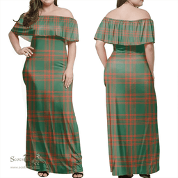 Scottish Menzies Green Ancient Clan Tartan Off Shoulder Long Dress - Classic Scottish Plaid Tartan Plaid