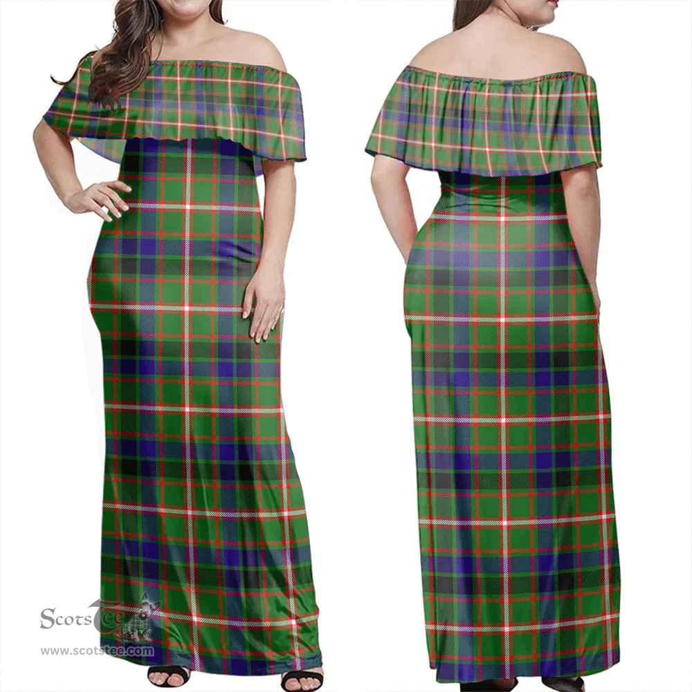 Scottish Reid Green Clan Tartan Off Shoulder Long Dress - Classic Scottish Plaid Tartan Plaid