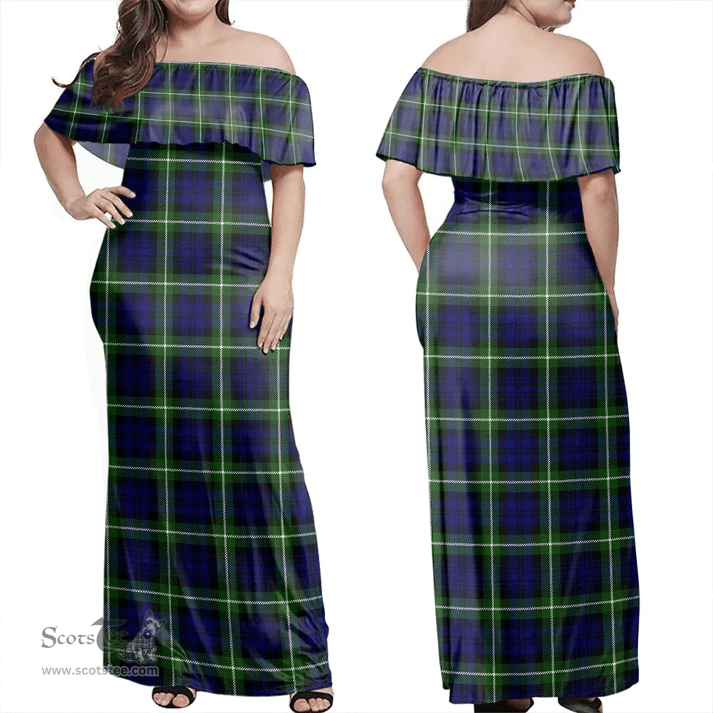Scottish Lamont Modern Clan Tartan Off Shoulder Long Dress - Classic Scottish Plaid Tartan Plaid
