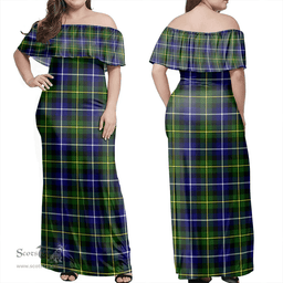 Scottish MacNeill Of Barra Modern Clan Tartan Off Shoulder Long Dress - Classic Scottish Plaid Tartan Plaid