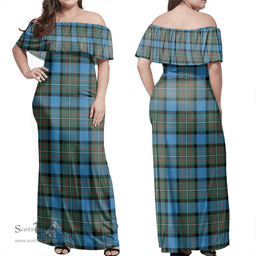 Scottish Fergusson Ancient Clan Tartan Off Shoulder Long Dress - Classic Scottish Plaid Tartan Plaid