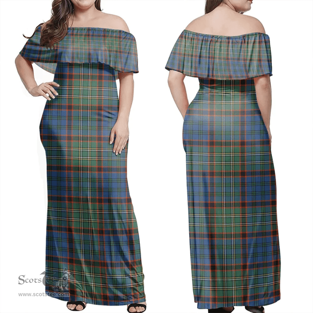Scottish Nicolson Hunting Ancient Clan Tartan Off Shoulder Long Dress - Classic Scottish Plaid Tartan Plaid