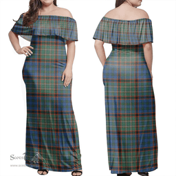 Scottish Nicolson Hunting Ancient Clan Tartan Off Shoulder Long Dress - Classic Scottish Plaid Tartan Plaid