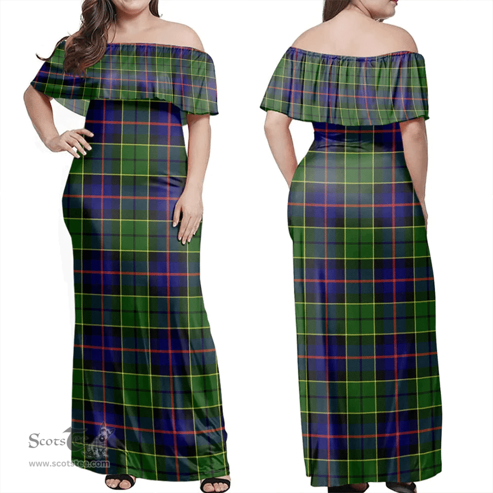 Scottish Forsyth Modern Clan Tartan Off Shoulder Long Dress - Classic Scottish Plaid Tartan Plaid