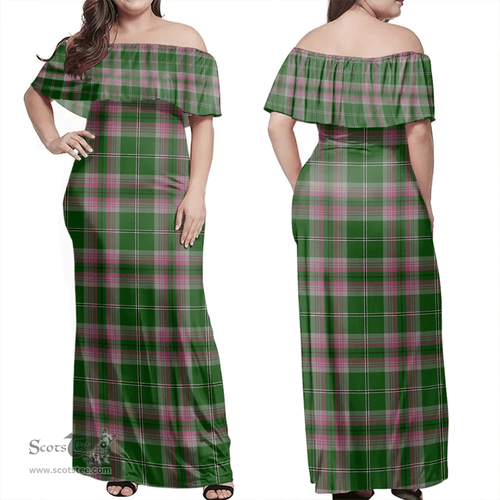 Scottish Gray Hunting Clan Tartan Off Shoulder Long Dress - Classic Scottish Plaid Tartan Plaid