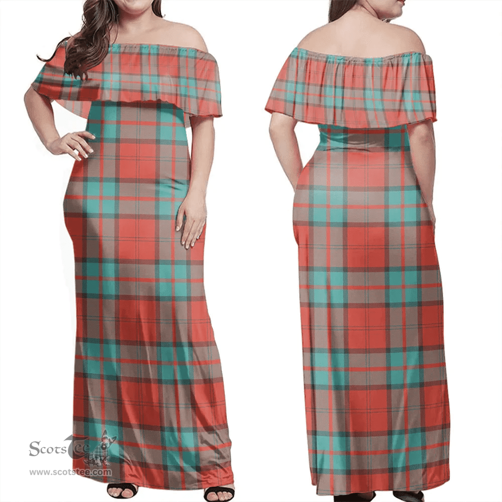 Scottish Dunbar Ancient Clan Tartan Off Shoulder Long Dress - Classic Scottish Plaid Tartan Plaid