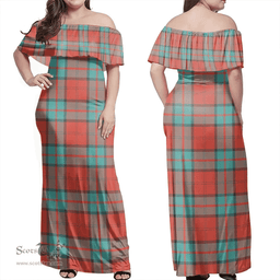 Scottish Dunbar Ancient Clan Tartan Off Shoulder Long Dress - Classic Scottish Plaid Tartan Plaid