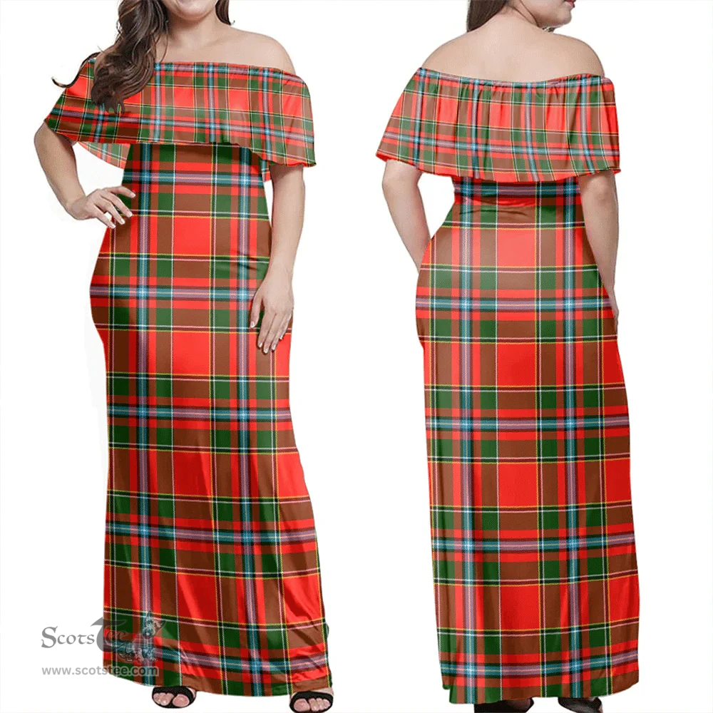 Scottish Drummond Of Perth Clan Tartan Off Shoulder Long Dress - Classic Scottish Plaid Tartan Plaid