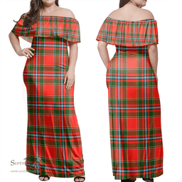 Scottish Drummond Of Perth Clan Tartan Off Shoulder Long Dress - Classic Scottish Plaid Tartan Plaid