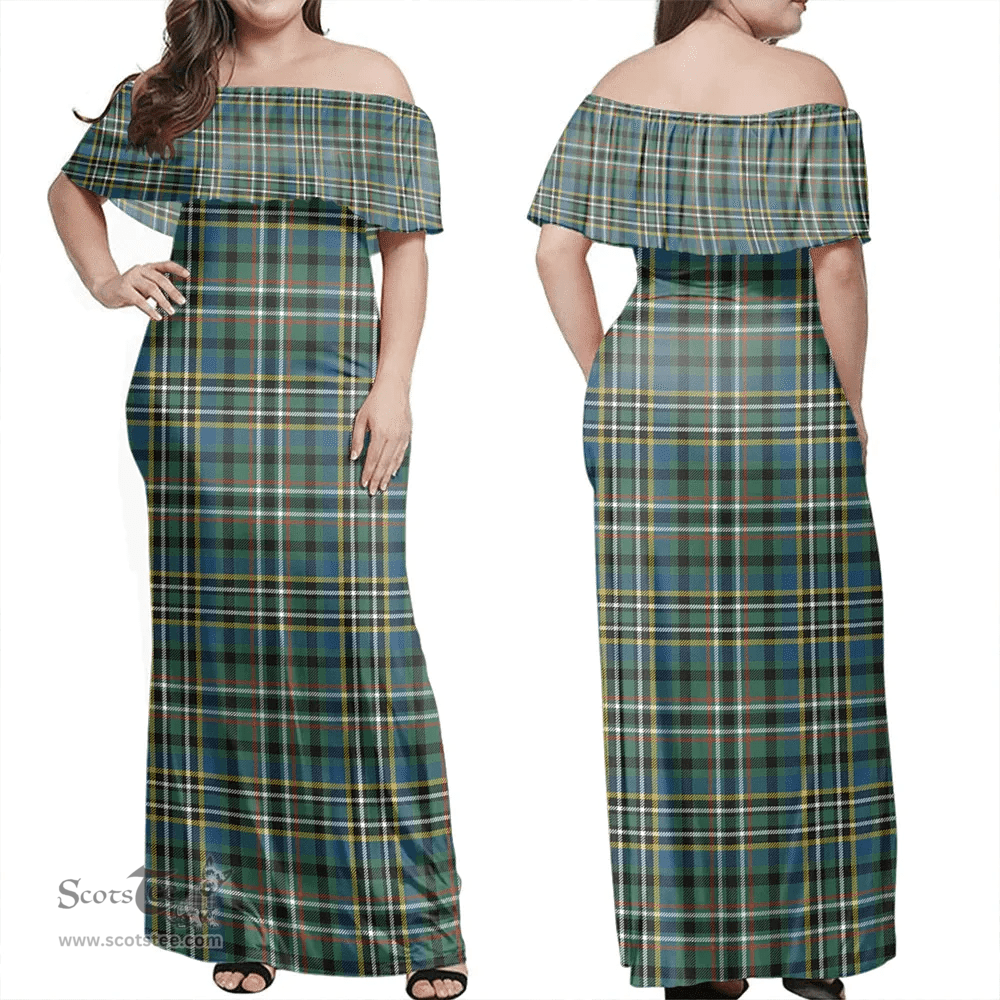 Scottish Scott Green Ancient Clan Tartan Off Shoulder Long Dress - Classic Scottish Plaid Tartan Plaid