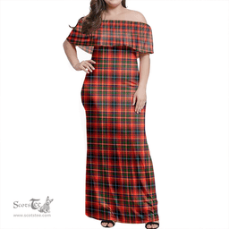 Scottish Innes Modern Clan Tartan Off Shoulder Long Dress - Classic Scottish Plaid Tartan Plaid