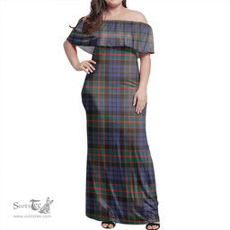 Scottish Fletcher Of Dunans Clan Tartan Off Shoulder Long Dress - Classic Scottish Plaid Tartan Plaid